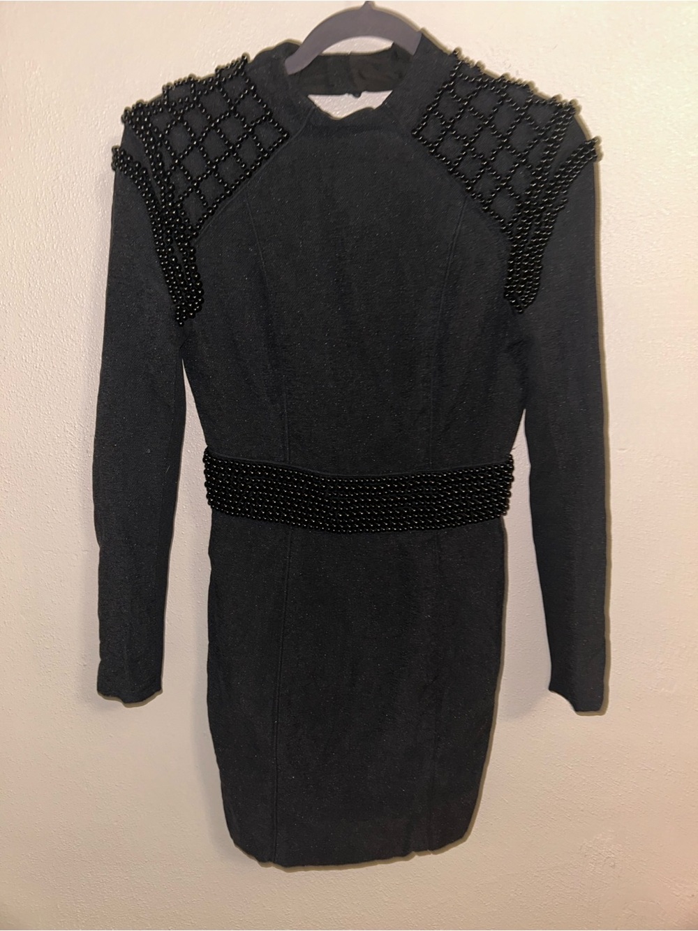 Fame and Partners Black Beaded-Shoulder backless Long Sleeve mini Dress goth